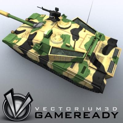 3D Model of Game-ready model of modern Chinese main battle tank ZTZ96 (Type 96) with two RGB textures: 1024x1024 for tank and 1024x512 for track and wheels. - 3D Render 3
